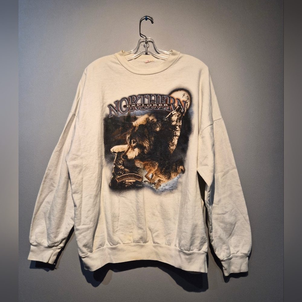 Vintage Northern Explorer Wolf Graphics Crewneck Sweater | Size Large
